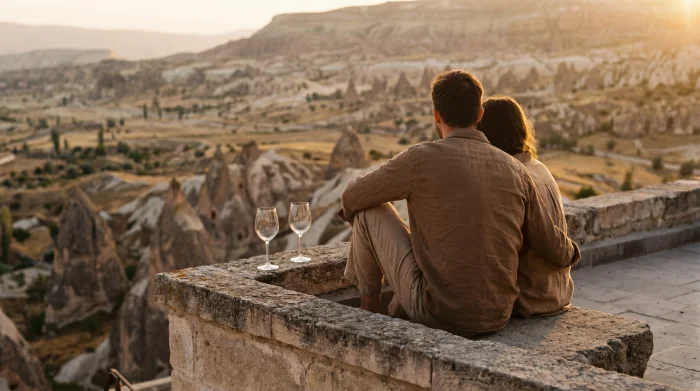 Couple on cave hotel rooftop terrace