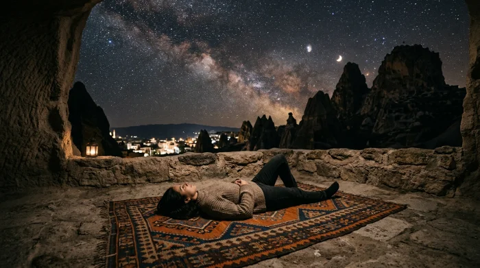 Person resting on a kilim rug on a cave terrace