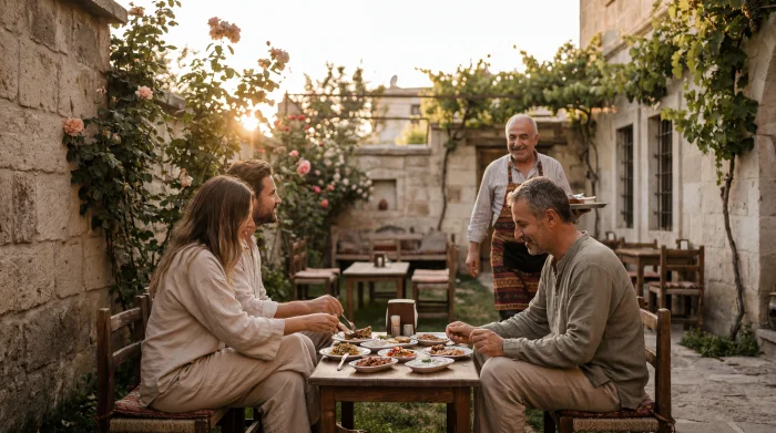Two people at a low table in a courtyard