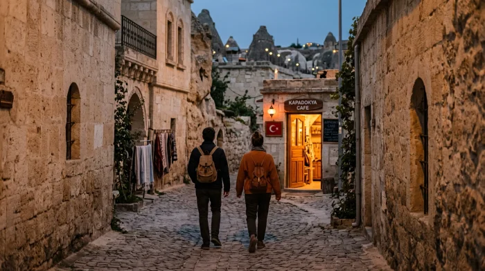 Two people walking through a Cappadocia village